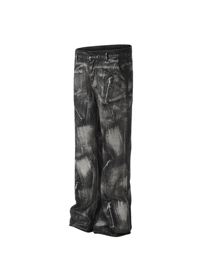 Damage Wash Zipper Wide Leg Denim Jeans WN24178
