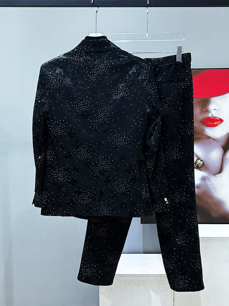 Rhinestone Star Butterfly Jacquard Tailored Jacket & Trousers Setup WN23905