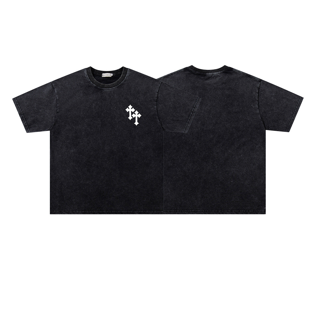 Washed Damage Double Cross Print Short Sleeve T-Shirt WN26817