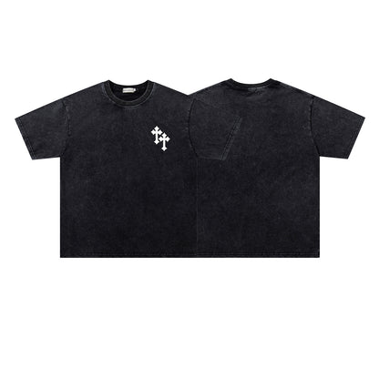 Washed Damage Double Cross Print Short Sleeve T-Shirt WN26817