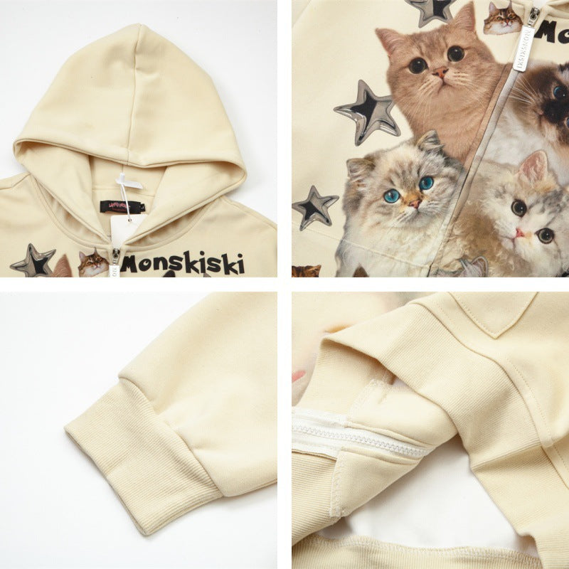 Cat Print Oversize Zipper Hoodie WN11389