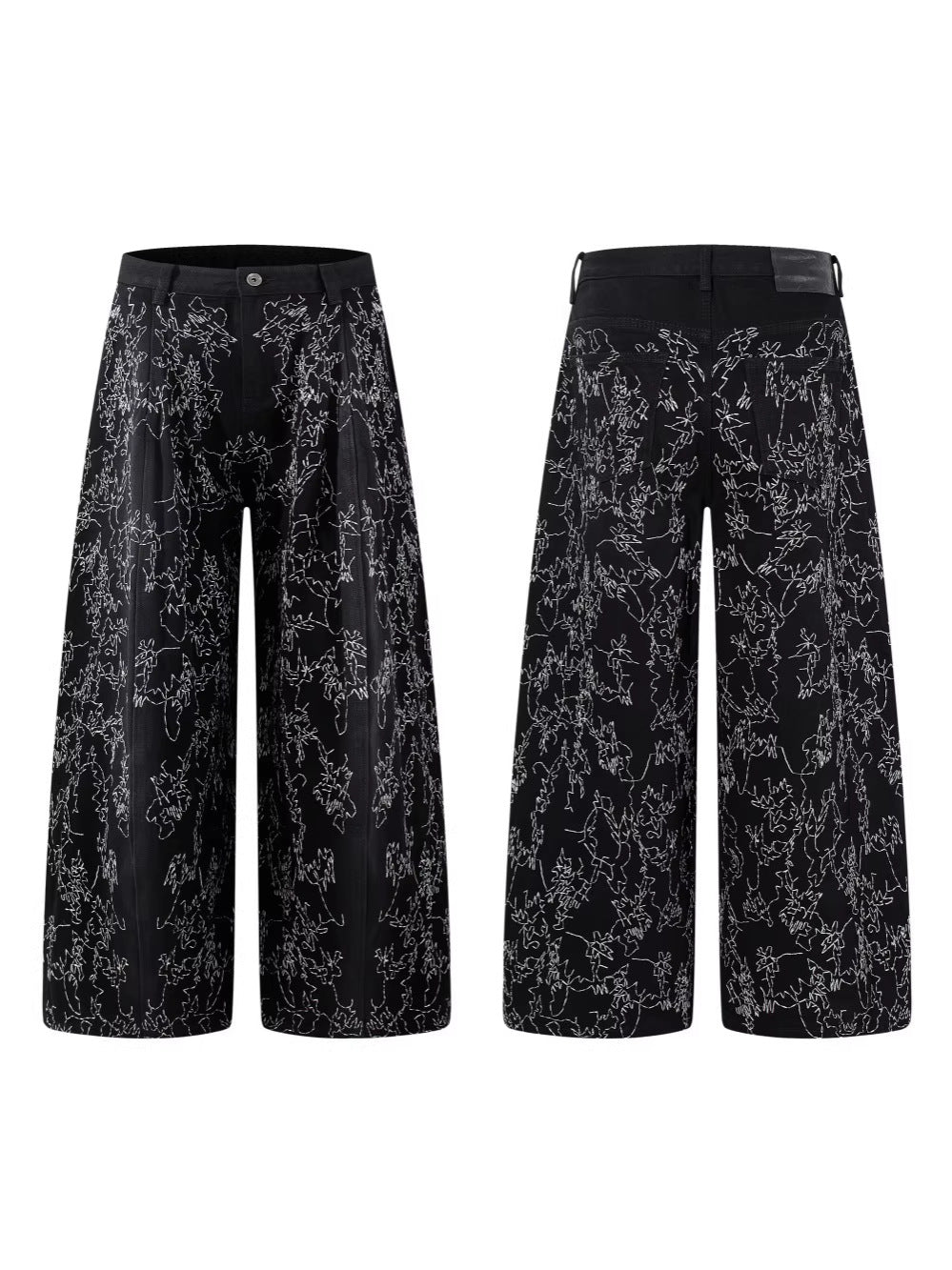 All-Over Embroidery Washed Wide Leg Denim Jeans WN27835