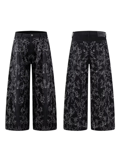 All-Over Embroidery Washed Wide Leg Denim Jeans WN27835