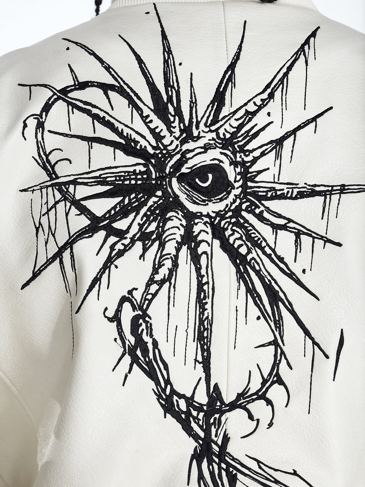 Contrast Embroidery Thorn Eye PU Leather Jacket WN27425