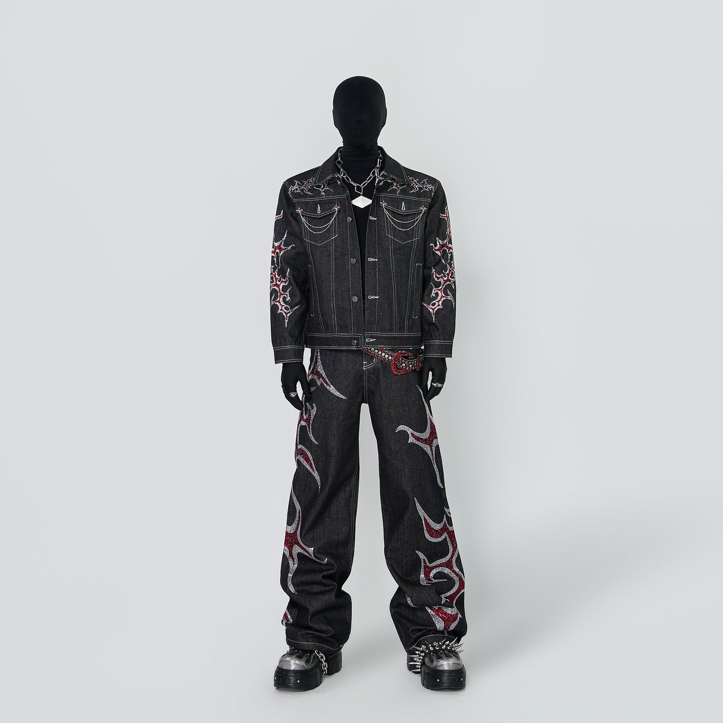 Rinestone Design Denim Jacket & Rinestone Design Wide Leg Pants Setup WN24296