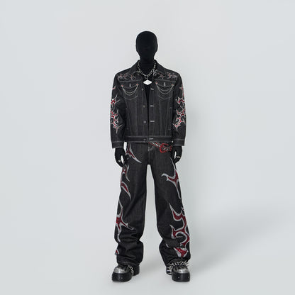 Rinestone Design Denim Jacket & Rinestone Design Wide Leg Pants Setup WN24296