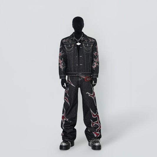 Rinestone Design Denim Jacket & Rinestone Design Wide Leg Pants Setup WN24296