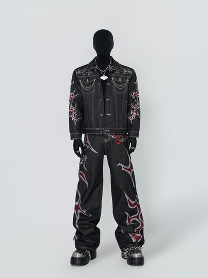 Rinestone Design Denim Jacket & Rinestone Design Wide Leg Pants Setup WN24296