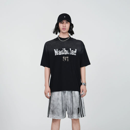 Washed Letter Design Short Sleeve T-Shirt & Heavyweight Half Pants Set WN17379