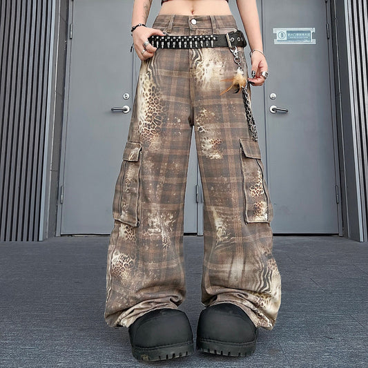 Leopard Plaid Print Curved Cargo Pants WN24198