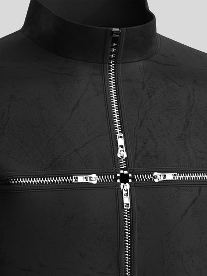 Stand Neck Cross Zipper PU Leather Jacket WN27127