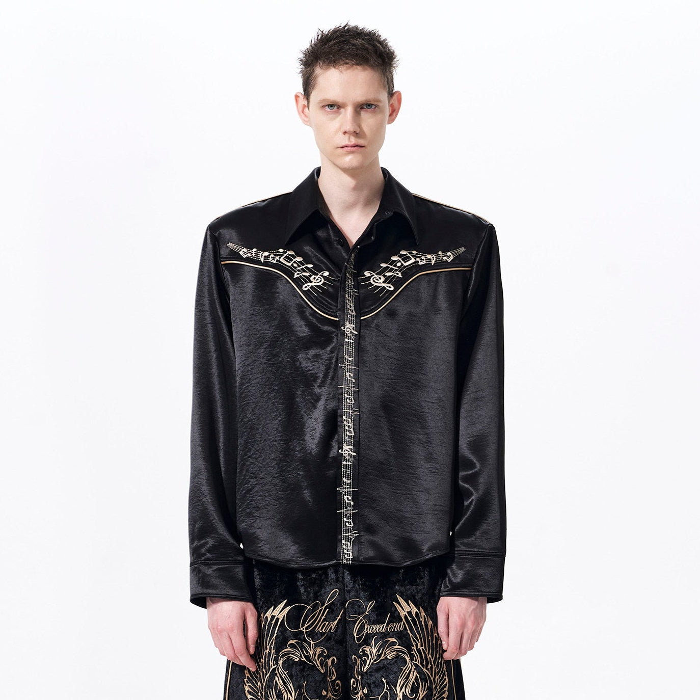 Draped Wrinkle-Resistant Note Embroidery Shoulder-Pad Long Sleeve Shirt WN23276