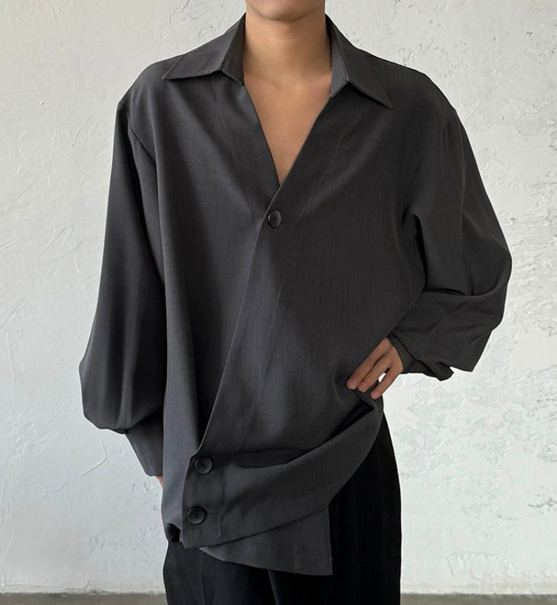 Minimalist Irregular Asymmetric Button V-Neck Long Sleeve Shirt WN20025
