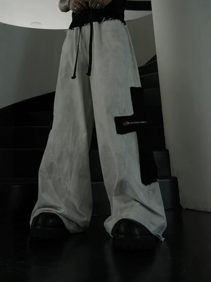 Deconstructed Curved Frayed Drawstring Wide Leg Cargo Pants WN27850