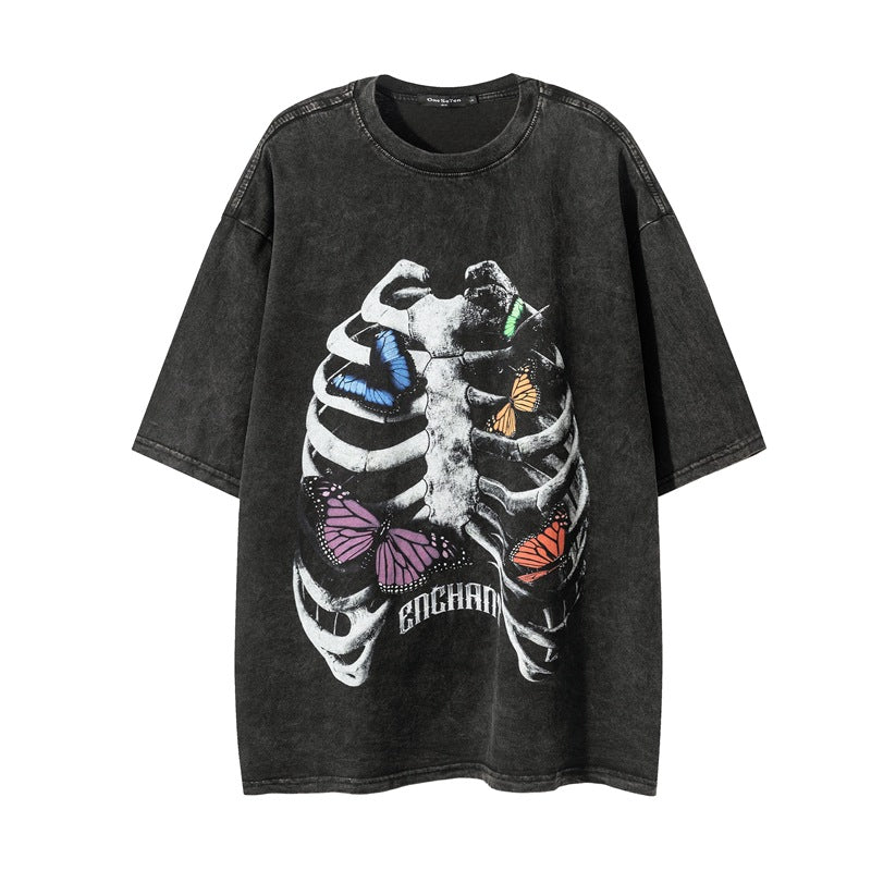 Washed Skeleton Butterfly Print Short Sleeve T-Shirt WN25460