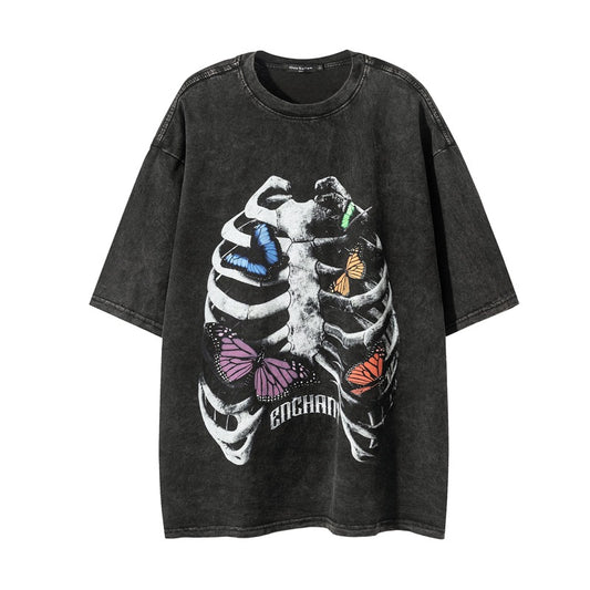 Washed Skeleton Butterfly Print Short Sleeve T-Shirt WN25460