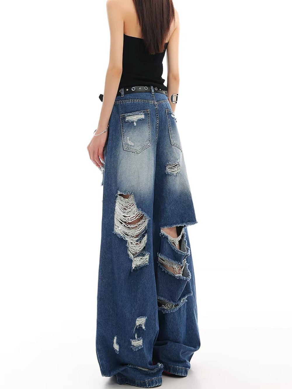 Damage Washed Wide Leg Denim Jeans WN27962