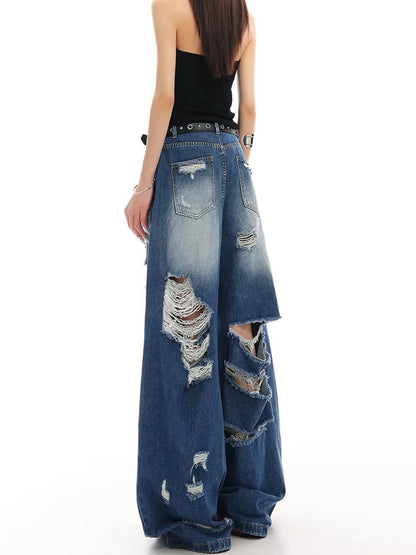 Damage Washed Wide Leg Denim Jeans WN27962