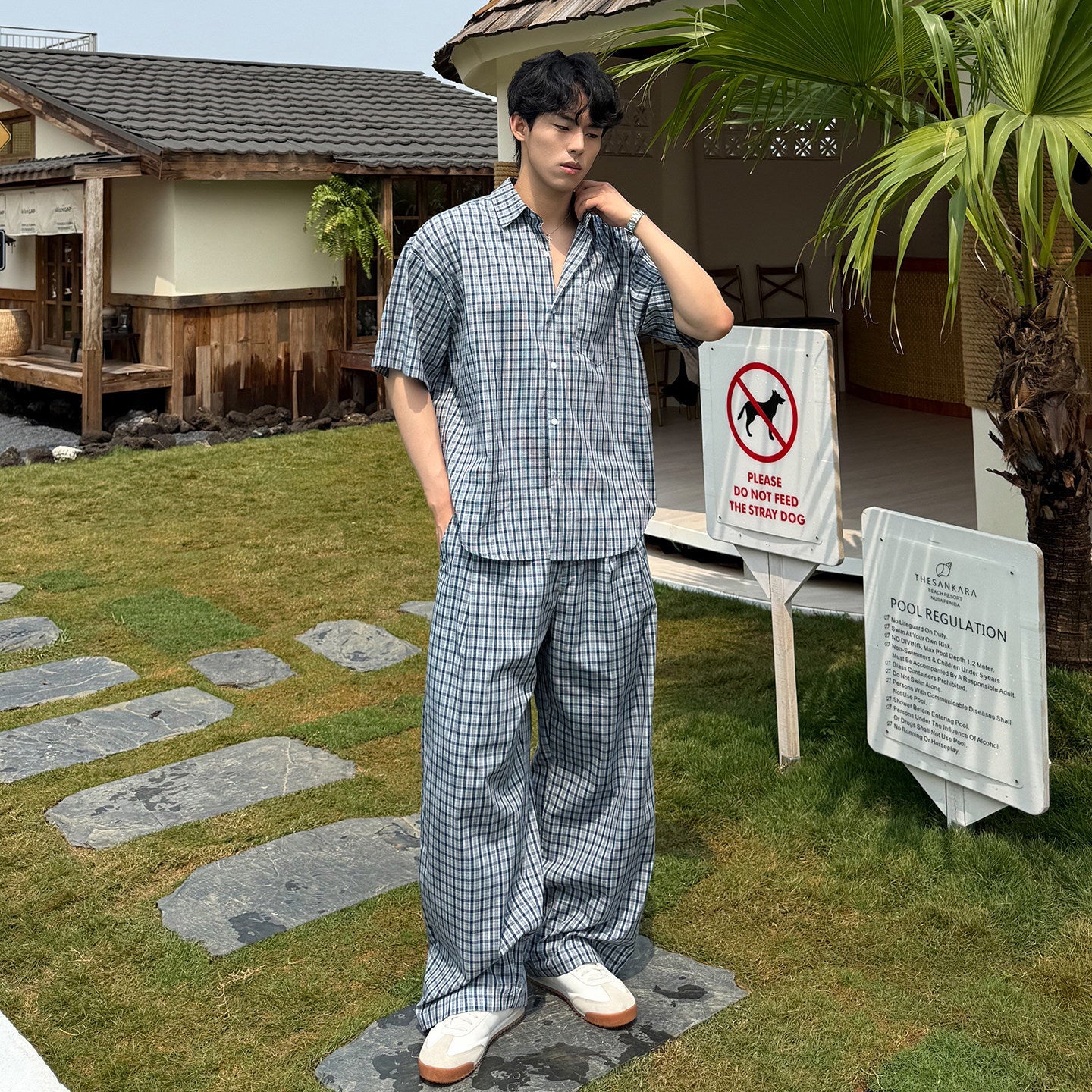 Check Short Sleeve Shirt & Wide Leg Pants Setup WN25031 – WONDER NOAH