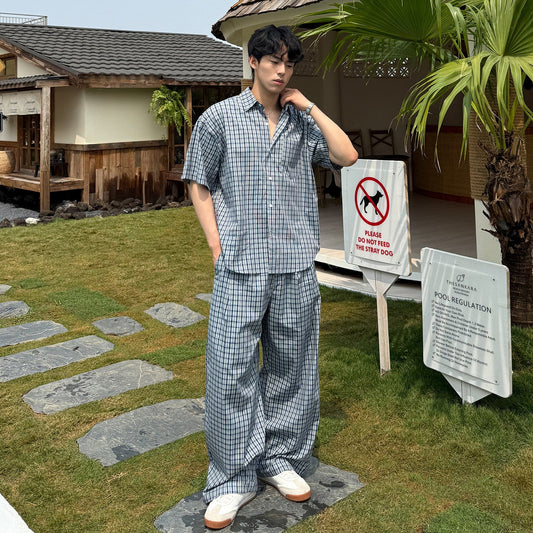 Check Short Sleeve Shirt & Wide Leg Pants Setup WN25031