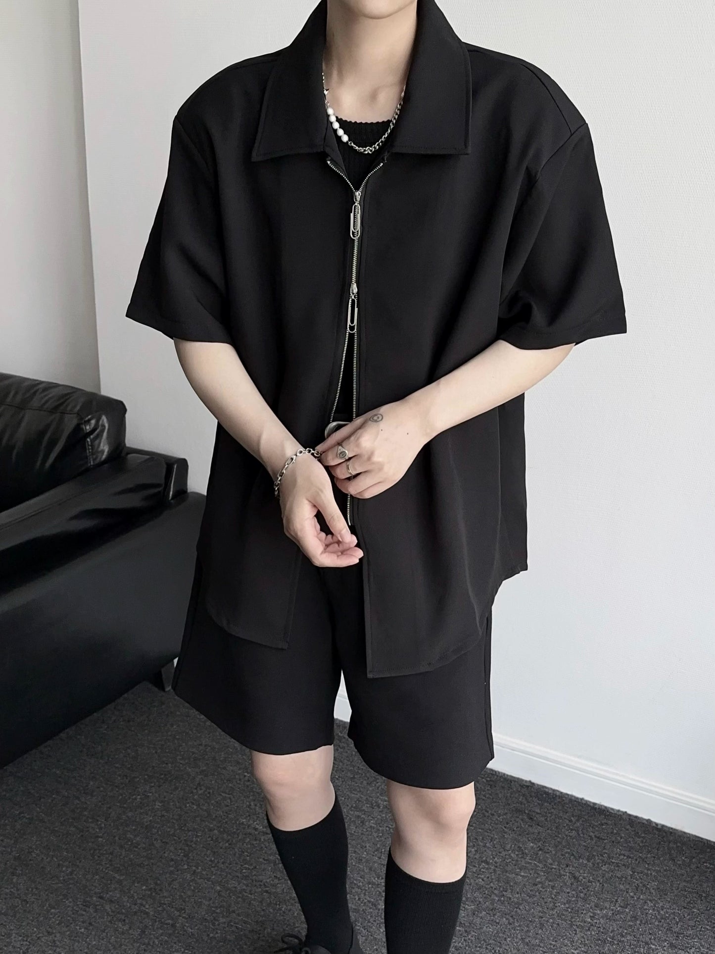Metal Zipper Oversize Short Sleeve Shirt WN19351