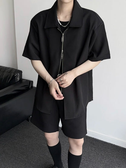 Metal Zipper Oversize Short Sleeve Shirt WN19351
