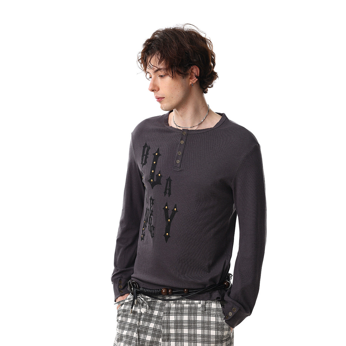 Henley Letter Studs Detail Long Sleeve T-Shirt WN25404