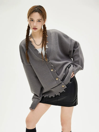 Damage V-neck Long Sleeve Knit Cardigan WN8613