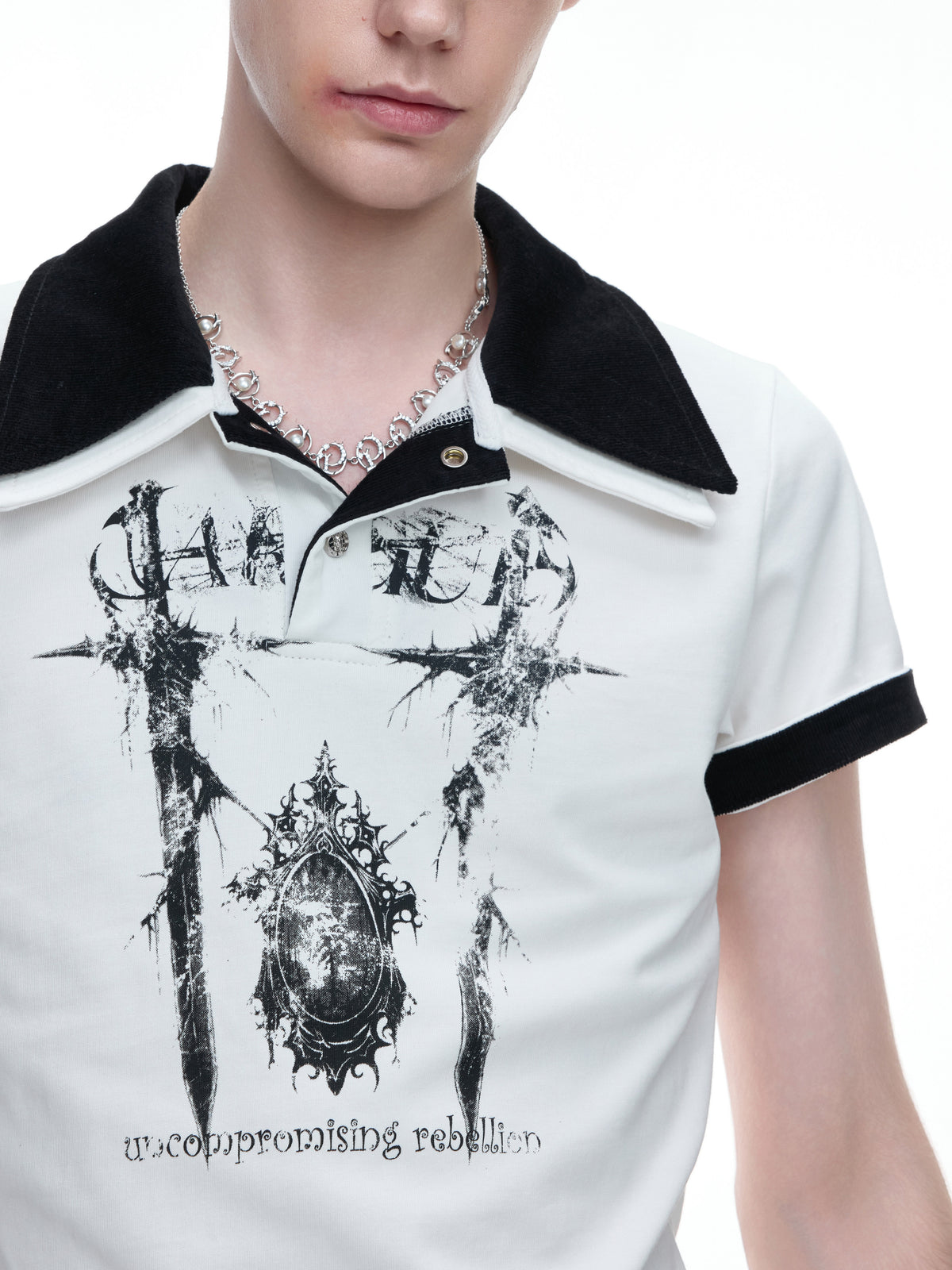 Contrast Print Double-Collar Heavyweight Short Sleeve Polo Shirt WN27034