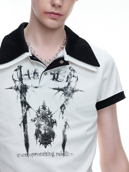 Contrast Print Double-Collar Heavyweight Short Sleeve Polo Shirt WN27034