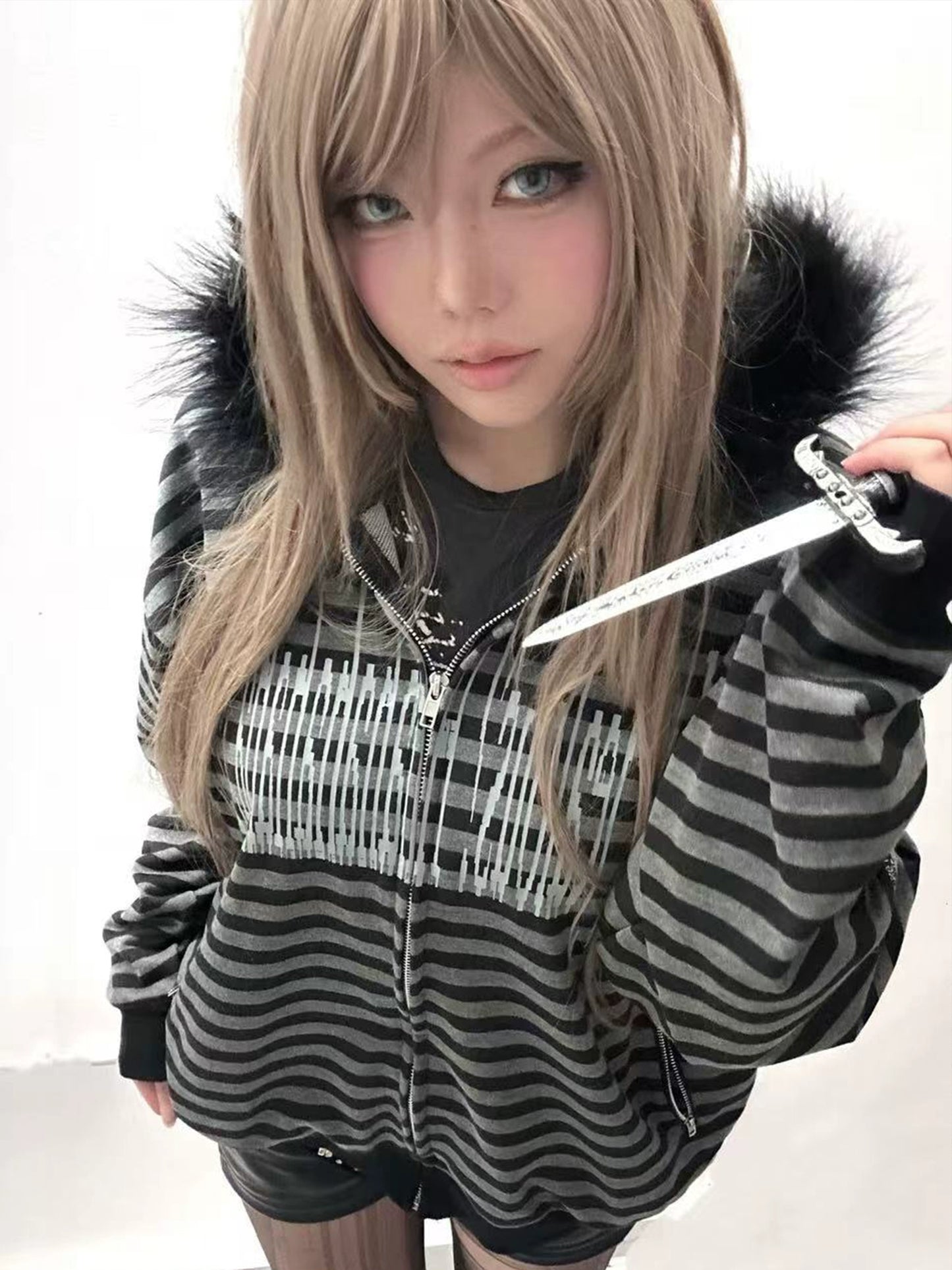 Stripe Fake Fur Collar Knit Zipper Hoodie WN20901