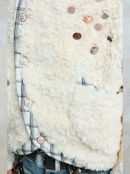 Tweed Plaid Lining Patchwork Fleece Decorated Button Jacket WN17839