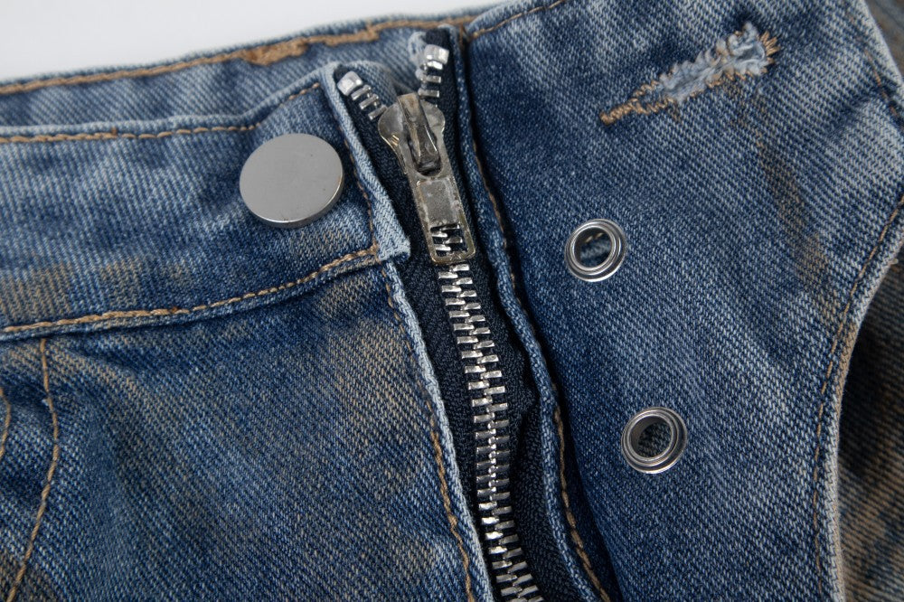 Bleached Damage Multi-Pocket Wide Leg Denim Jeans WN27797