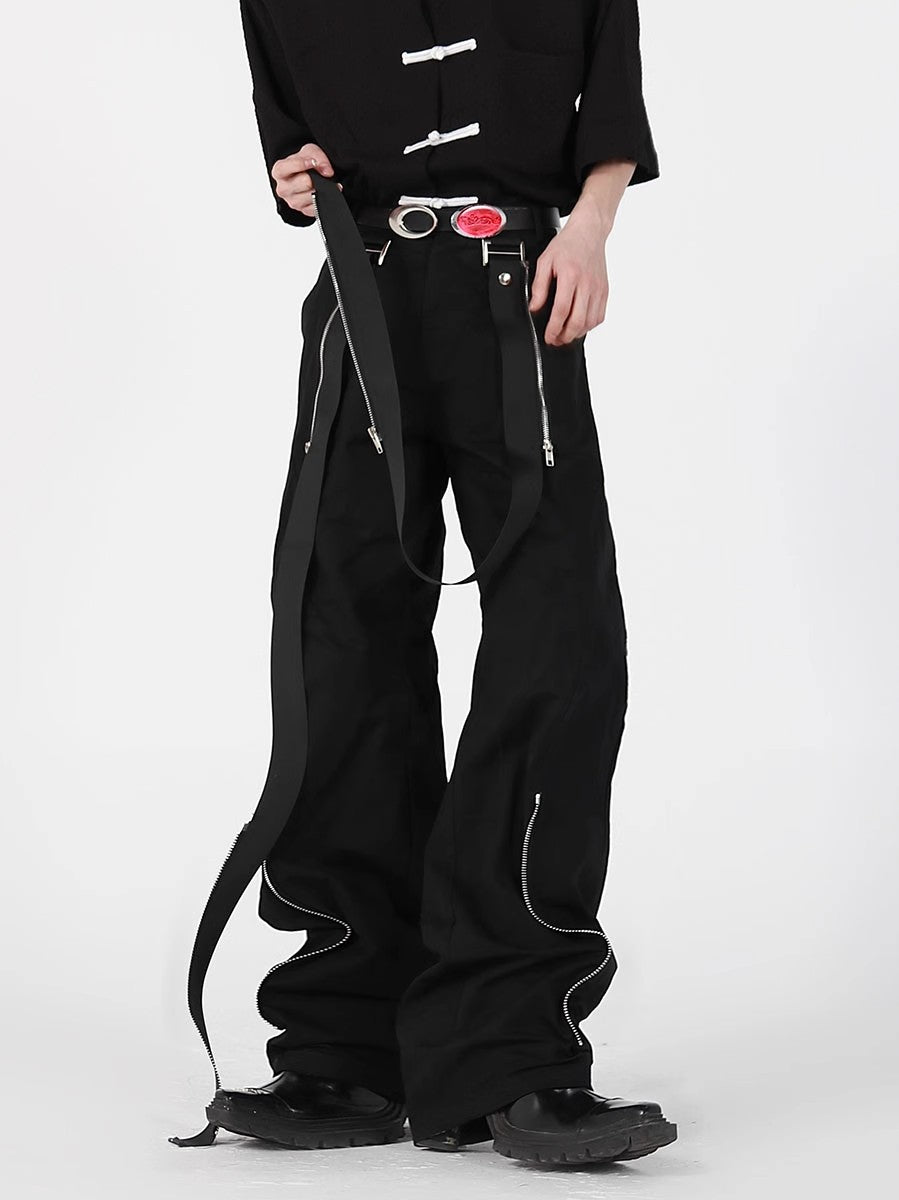 Zipper Ribbon Splicing Design Wide-Leg Straight Trousers WN6963