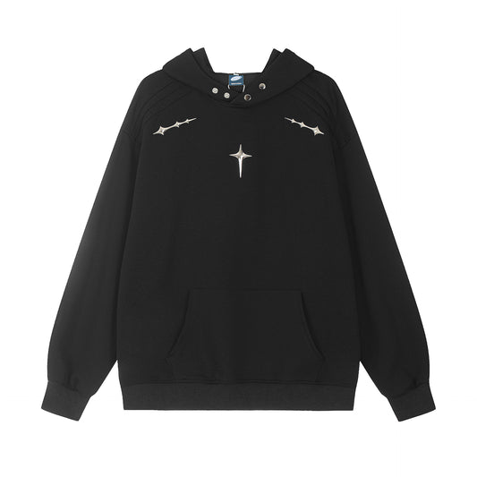 Metallic Cross-Star Pleated Oversize Pullover Hoodie WN12667