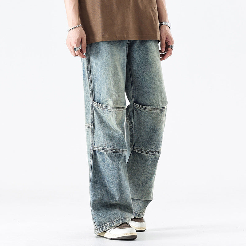 Washed Pleats Patchwork Wide Leg Denim Jeans WN26071
