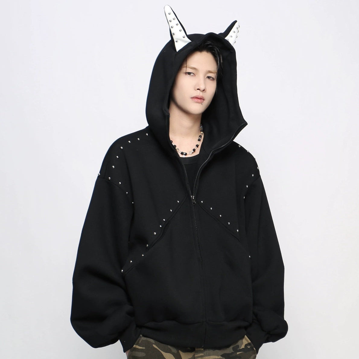 Studs Mix Patchwork Zipper Hoodie WN21042