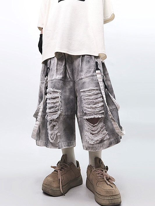 Washed Damage Wide Leg Half Jeans WN23977