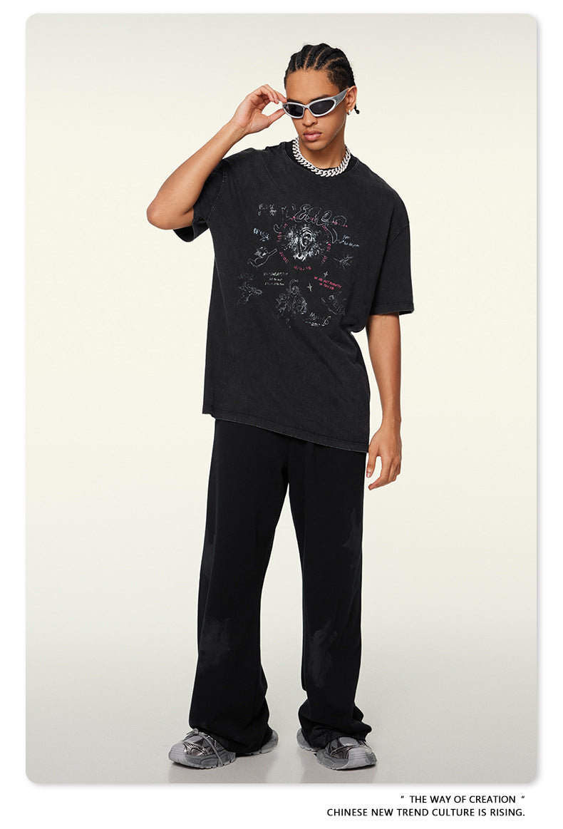 Washed Angel Print Round Neck Short Sleeve T-Shirt WN7833