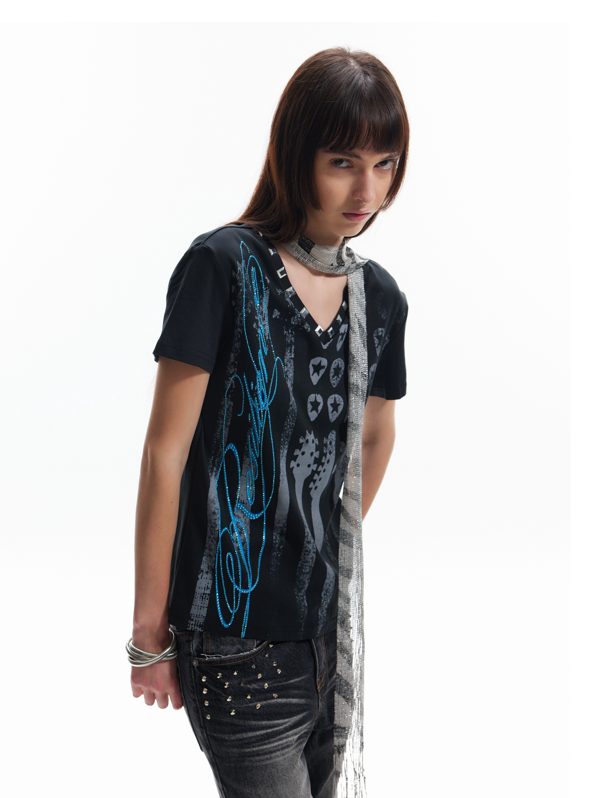 V-Neck Music Studs Graphic Print Short Sleeve T-Shirt WN27237