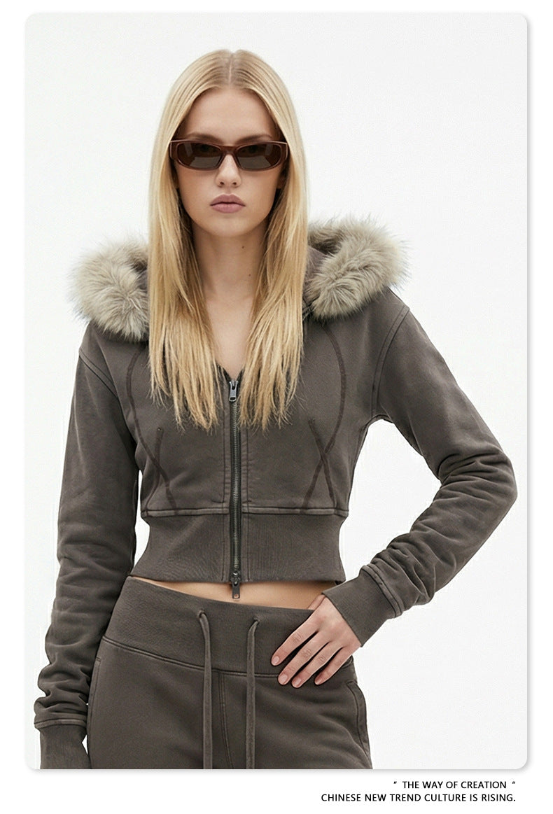 Fake Fur Lining Zip-Up Cropped Zipper Hoodie WN23115