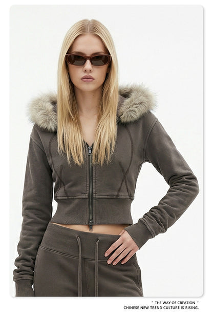 Fake Fur Lining Zip-Up Cropped Zipper Hoodie WN23115