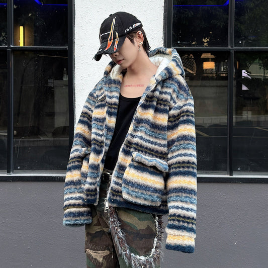 Fair Isle Fake Lamb Fleece Hooded Padded Jacket WN23006