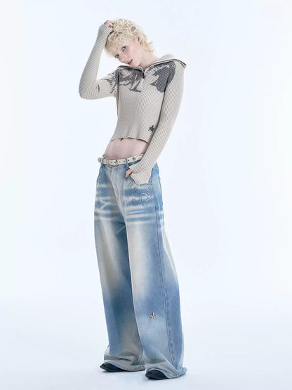 Faust Sequin Embroidery Washed Denim Jeans WN19041