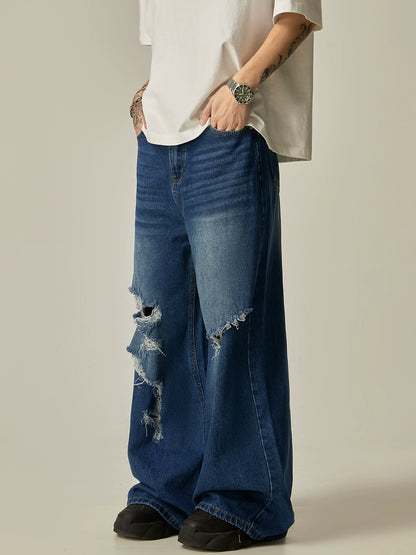 Damage Wide-Leg Straight Denim Jeans WN7762