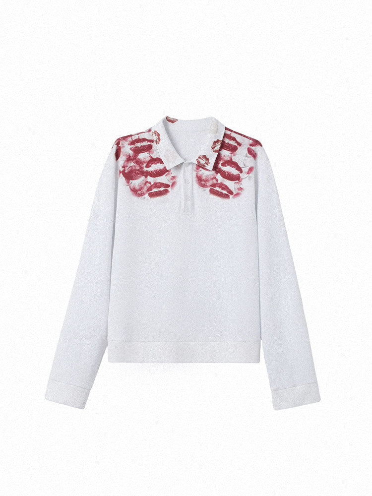 Lip Print Polo-Collar Long Sleeve Shirt WN27144