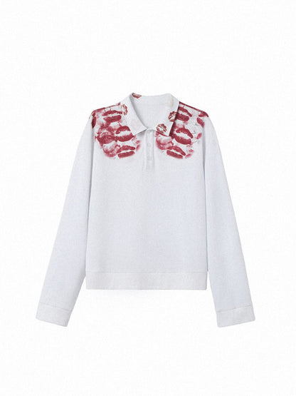 Lip Print Polo-Collar Long Sleeve Shirt WN27144