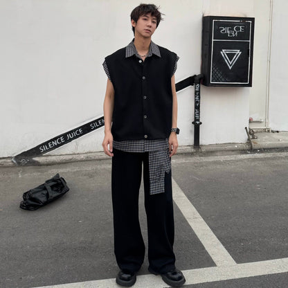 Plaid Layered Knit Vest & Wide Leg Sweatpants Setup WN25332