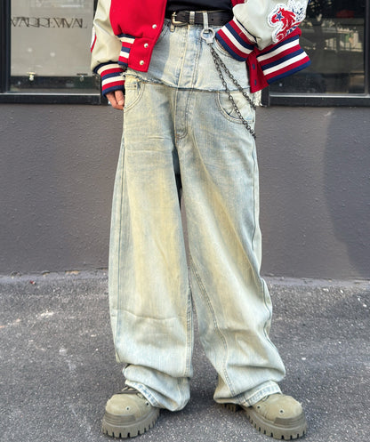 Fake Layered Double Waist Patchwork Wide Leg Denim Jeans WN23019