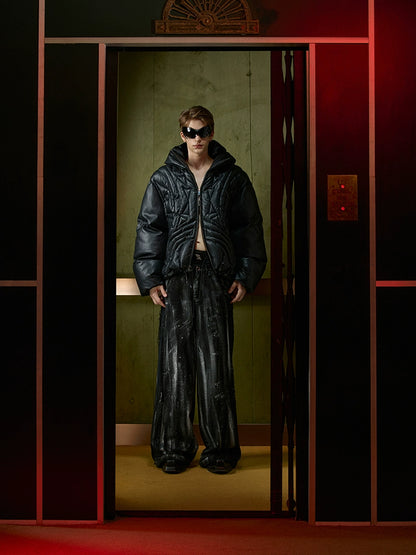 Graffiti Print Double-Waistband Drawstring Patchwork Straight-Leg Denim Jeans WN11698